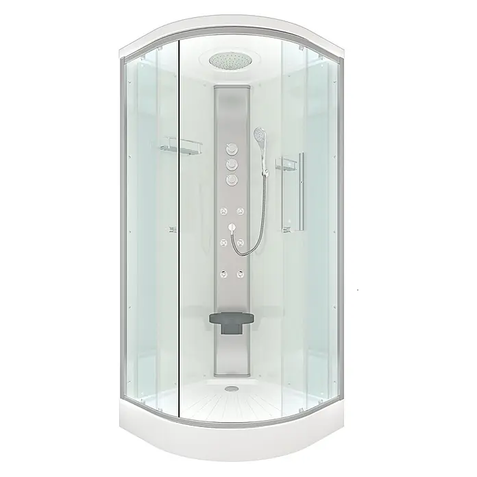 AcquaVapore Komplettdusche Fertigdusche D10-20T1-EC - 100 x 100 x 215 cm, Weiß - Moderne weiße und graue Eckduschkabine mit transparenten Glaspaneelen, Kopfbrause, Handbrause, Massagedüsen und integriertem Sitz.