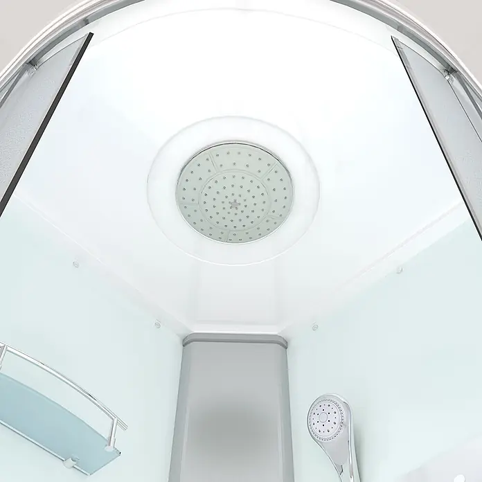 AcquaVapore Komplettdusche Fertigdusche D10-00M0-EC - 80 x 80 x 215 cm, Weiß - Innenansicht einer modernen Duschkabine mit großem Regenbrausekopf, Handbrause und Glasablage.