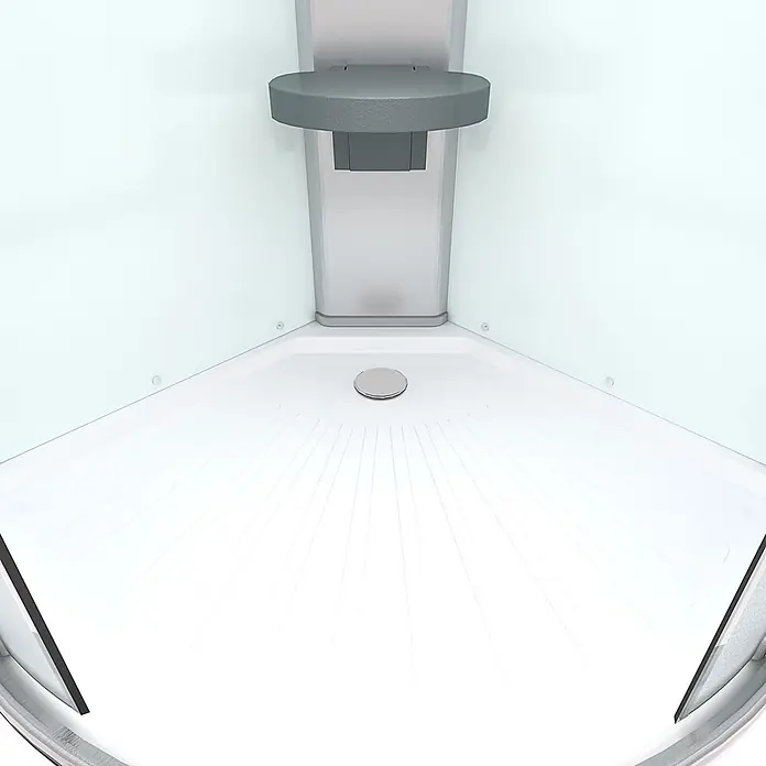 AcquaVapore Komplettdusche Fertigdusche D10-00M0-EC - 80 x 80 x 215 cm, Weiß - Weiße Eckduschwanne mit zentralem Abfluss und integrierter grauer Duschablage.