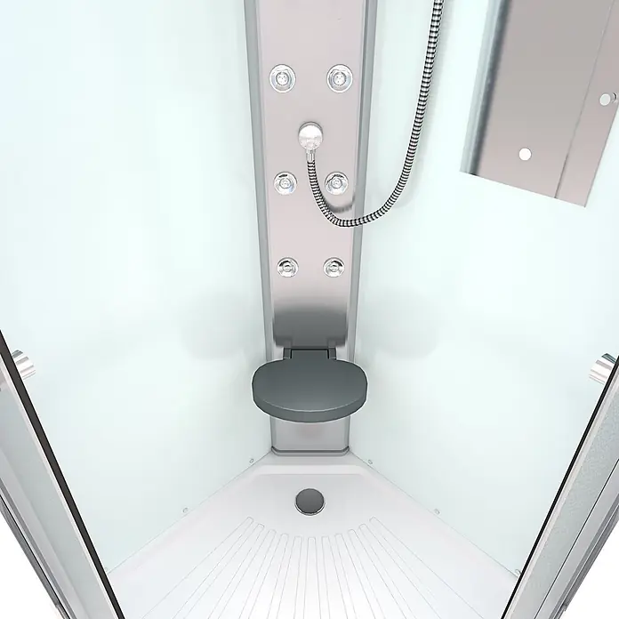 AcquaVapore Komplettdusche Fertigdusche D10-20M1-EC - 100 x 100 x 215 cm, Weiß - Innenansicht einer modernen Duschkabine mit grauem Duschpaneel, Massagedüsen, Handbrause und Klappsitz auf weißer Duschwanne.