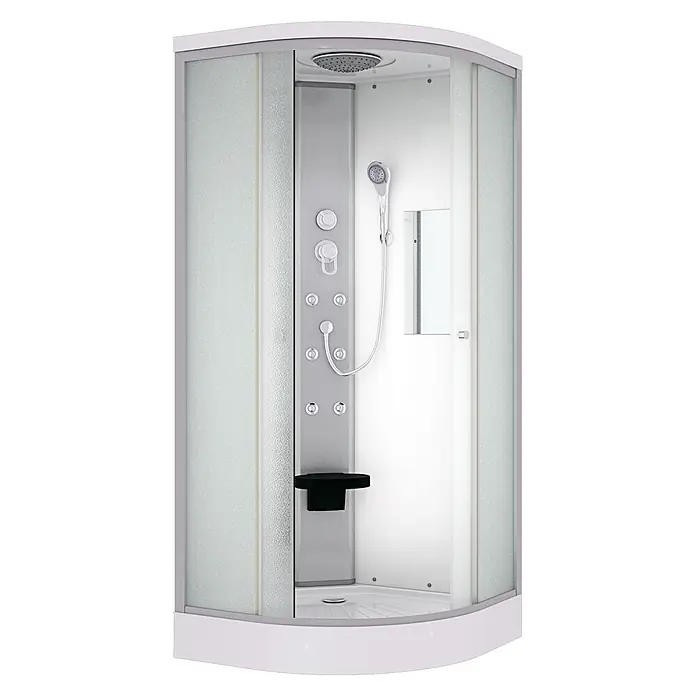 AcquaVapore Komplettdusche Fertigdusche D10-00M0-EC - 80 x 80 x 215 cm, Weiß - Moderne weiße Duschkabine mit Milchglas, Regendusche, Handbrause, Massagedüsen, Bedienelementen und schwarzem Sitz.