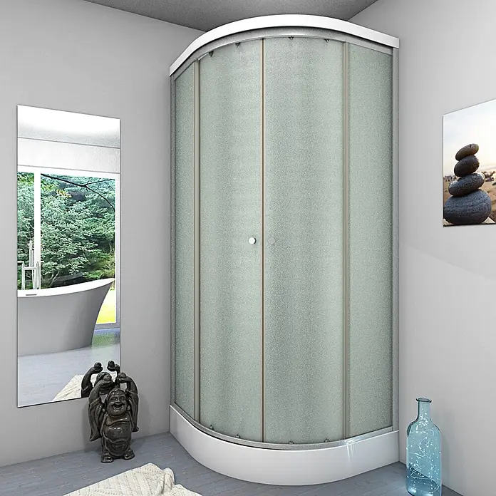 AcquaVapore Komplettdusche Fertigdusche D10-20M1-EC - 100 x 100 x 215 cm, Weiß - Eine gebogene Viertelkreis-Duschkabine mit mattierten Glasschiebetüren und weißer Acrylbasis.