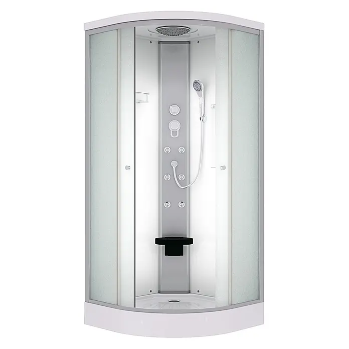 AcquaVapore Komplettdusche Fertigdusche D10-00M0-EC - 80 x 80 x 215 cm, Weiß - Weiße Eckduschkabine mit mattiertem Glas, grauem Multifunktionspanel, Regendusche, Handbrause, Massagedüsen und schwarzem Klappsitz.