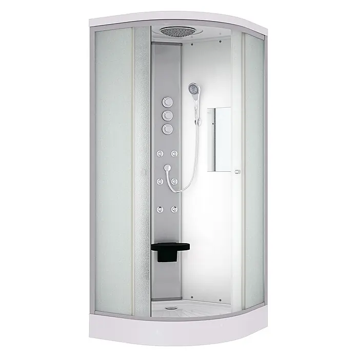AcquaVapore Komplettdusche Fertigdusche D10-20M1-EC - 100 x 100 x 215 cm, Weiß - Eckduschkabine mit mattiertem Glas, weißem Rahmen, grauem Bedienfeld mit Regendusche, Handbrause, Massagedüsen und schwarzem Klappsitz.