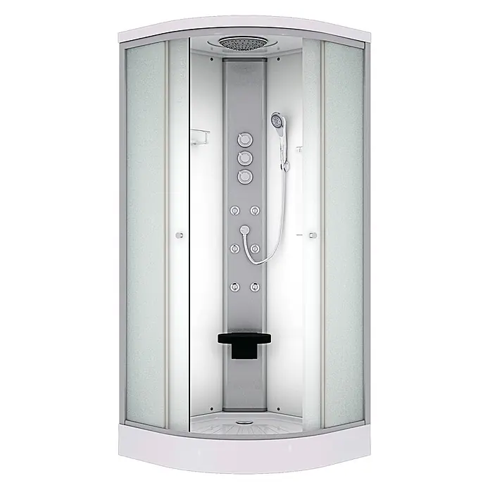 AcquaVapore Komplettdusche Fertigdusche D10-20M1-EC - 100 x 100 x 215 cm, Weiß - Moderne Eckduschkabine mit weißem und grauem Rahmen, Milchglastüren, mehreren Duschköpfen, Massagedüsen und schwarzem Sitz.