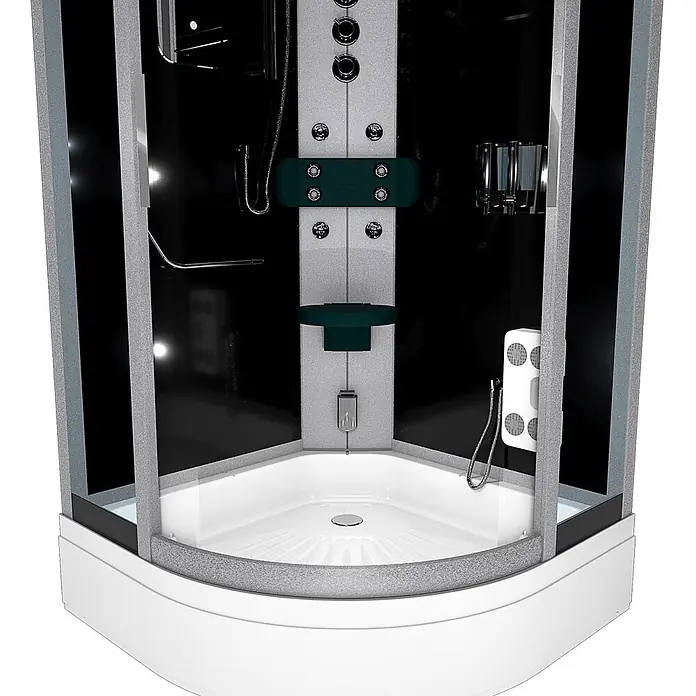 AcquaVapore Komplettdusche Dampfdusche D46-53T3-EC - 90 x 90 x 225 cm, Schwarz - Moderne Eckduschkabine mit weißer Basis, schwarzen Glaswänden, silbergrauem Panel, Hydromassagedüsen, Handbrause und teal Sitz/Rückenlehne.