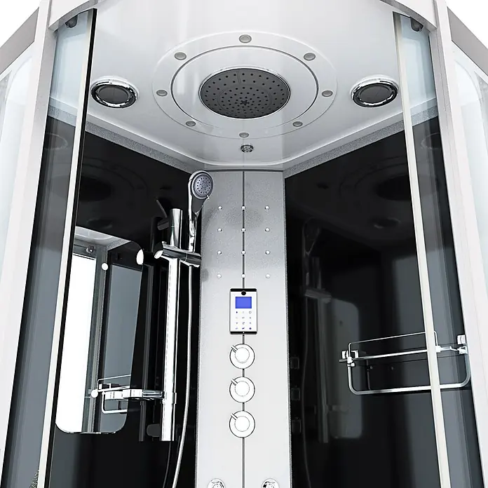 AcquaVapore Komplettdusche Dampfdusche D46-53T3-EC - 90 x 90 x 225 cm, Schwarz - Moderne schwarz-weiße Duschkabine mit Chromarmaturen, Kopfbrause, Handbrause, Massagedüsen und digitalem Bedienfeld.