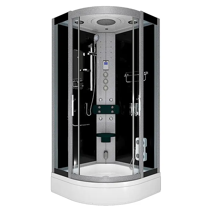 AcquaVapore Komplettdusche Dampfdusche D46-53T3-EC - 90 x 90 x 225 cm, Schwarz - Moderne Eckduschkabine mit Klarglas, schwarzen Paneelen, glitzerndem silbergrauem Rahmen, Regen- und Handbrause, Massagedüsen und Bedienfeld.