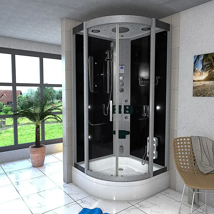AcquaVapore Komplettdusche Dampfdusche D46-53T3-EC - 90 x 90 x 225 cm, Schwarz - Moderne Eckduschkabine mit schwarzen Paneelen, silbernem Rahmen und integrierten Funktionen in einem hellen Badezimmer.