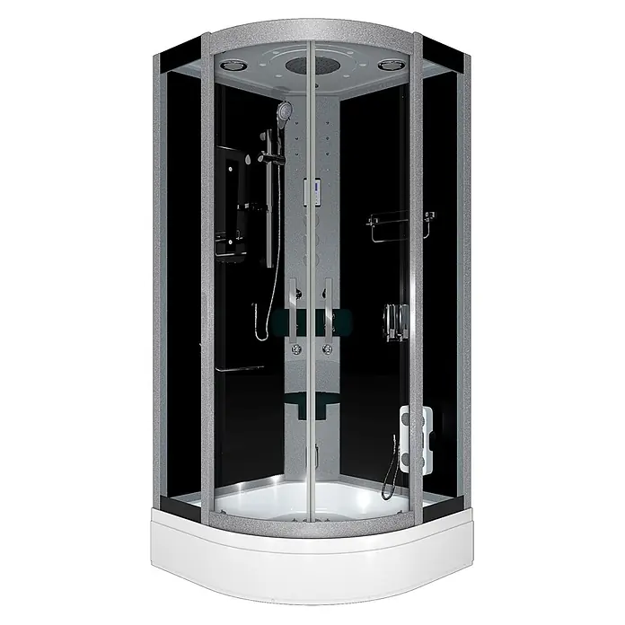 AcquaVapore Komplettdusche Dampfdusche D46-53T3-EC - 90 x 90 x 225 cm, Schwarz - Moderne Eckduschkabine mit glitzerndem grauem Rahmen, schwarzen Rückwänden, weißer Wanne und mehreren Duschfunktionen: Kopf-, Hand- und Massagedüsen.