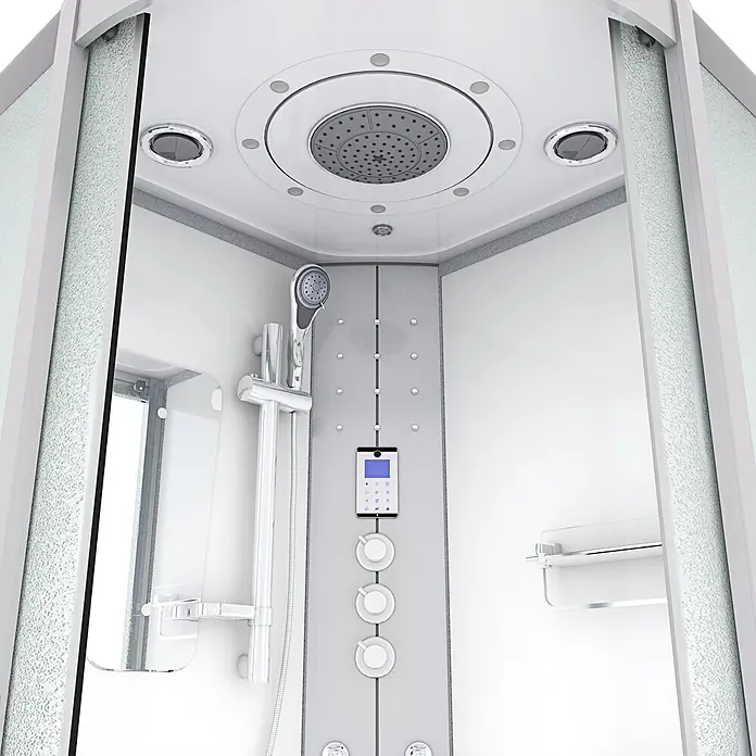 AcquaVapore Komplettdusche Dampfdusche D46-00M3 - 80 x 80 x 215 cm, Weiß - Moderner Duschkabinen-Innenraum mit Regendusche, Handbrause, Massagedüsen, digitalem Bedienfeld und Chromarmaturen.