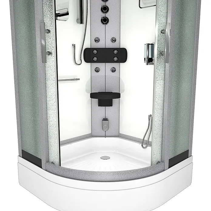 AcquaVapore Komplettdusche Dampfdusche D46-50M3-EC - 90 x 90 x 225 cm, Weiß - Eckduschkabine mit gesprenkelten grauen Wänden, weißer Wanne und Innenpaneel mit schwarzem Sitz, Bedienelementen und Massagedüsen.