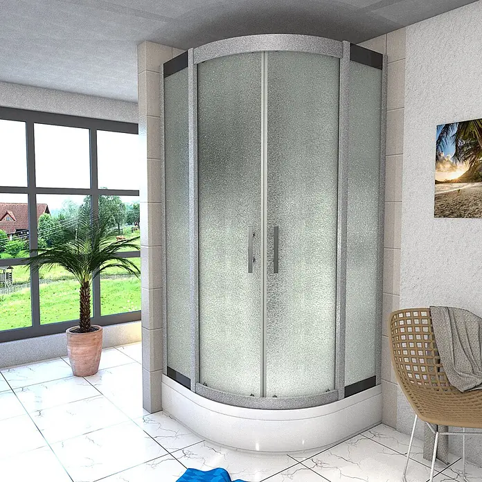 AcquaVapore Komplettdusche Dampfdusche D46-60M2 - 100 x 100 x 225 cm, Weiß - Eckduschkabine mit mattierten Glastüren, silbernem Rahmen und weißer Duschwanne in einem modernen Badezimmer.