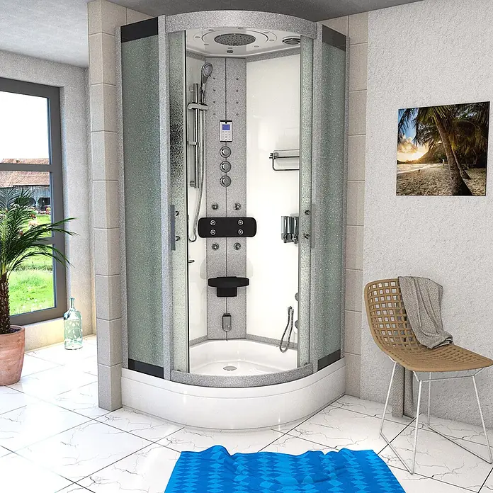 AcquaVapore Komplettdusche Dampfdusche D46-50M3-EC - 90 x 90 x 225 cm, Weiß - Eckduschkabine mit mattierten Glastüren, weißer Basis und integriertem Multifunktions-Duschsystem mit Sitz.