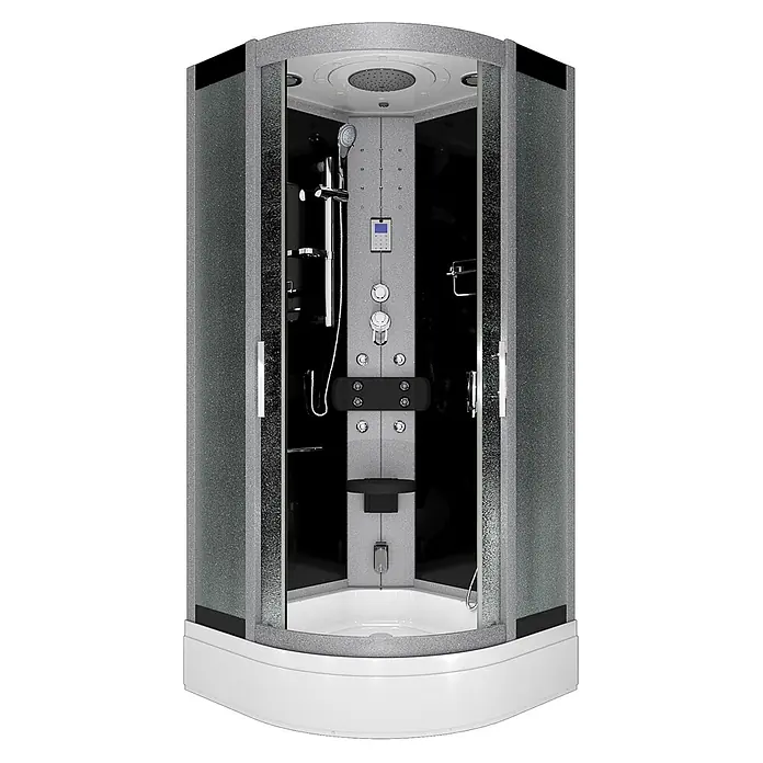 AcquaVapore Komplettdusche Dampfdusche D46-63M2-EC - 100 x 100 x 225 cm, Schwarz - Moderne Duschkabine mit glitzernden grau-schwarzen Paneelen, weißer Basis, mit mehreren Massagedüsen, Handbrause und Bedienfeld.