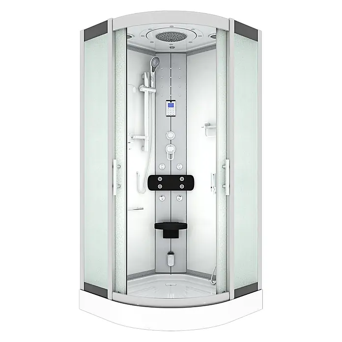 AcquaVapore Komplettdusche Dampfdusche D46-10M2-EC - 90 x 90 x 215 cm, Weiß - Moderne Eckduschkabine mit mattierten Glastüren, weißer Wanne und grauem Innenpanel mit mehreren Duschfunktionen und integriertem Sitz.