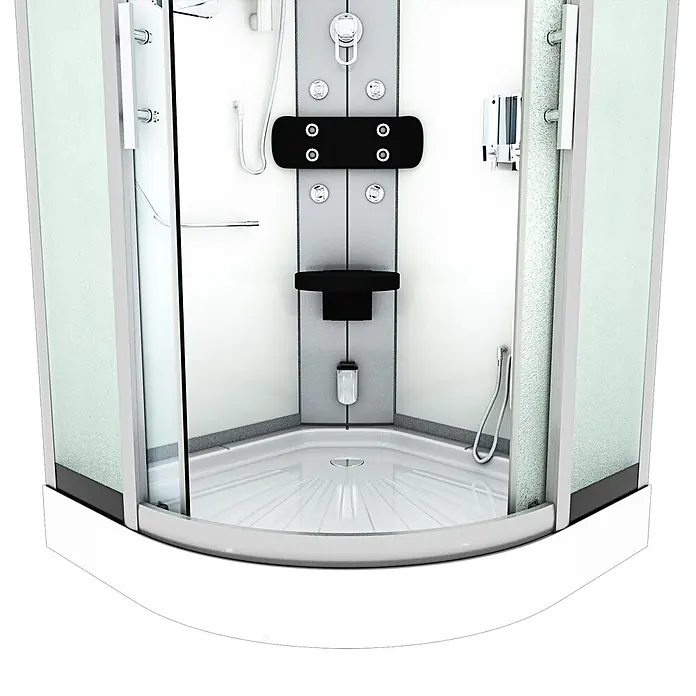 AcquaVapore Komplettdusche Dampfdusche D46-10M2 - 90 x 90 x 215 cm, Weiß - Moderne Eckduschkabine mit weißer Wanne, Milchglas, Chromarmaturen und integriertem schwarzem Sitz.
