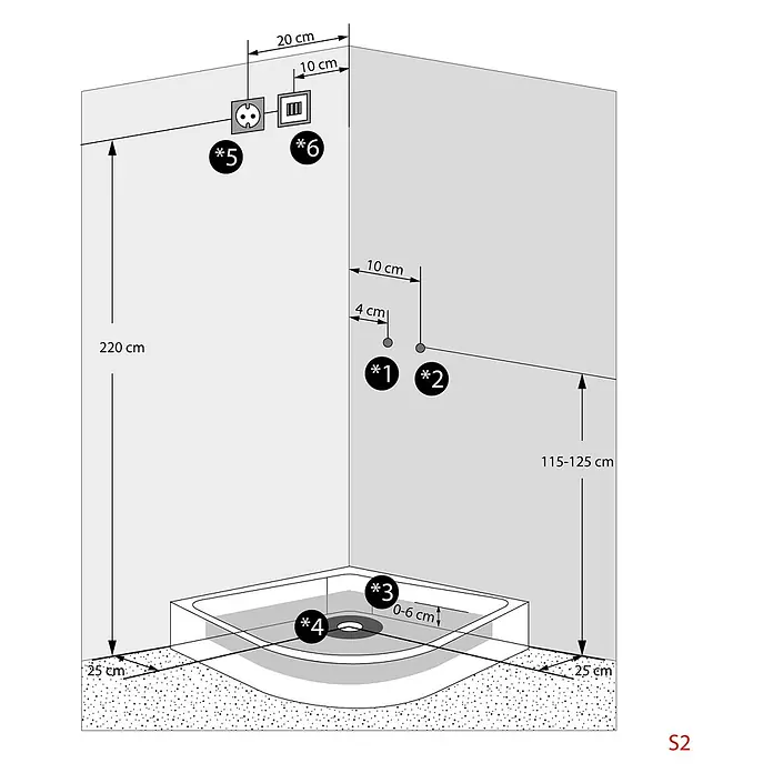 AcquaVapore Komplettdusche Dampfdusche D46-10M2 - 90 x 90 x 215 cm, Weiß - Installationsschema einer Dusche mit Maßen für Abfluss, Wasseranschlüsse und Elektroinstallationen.