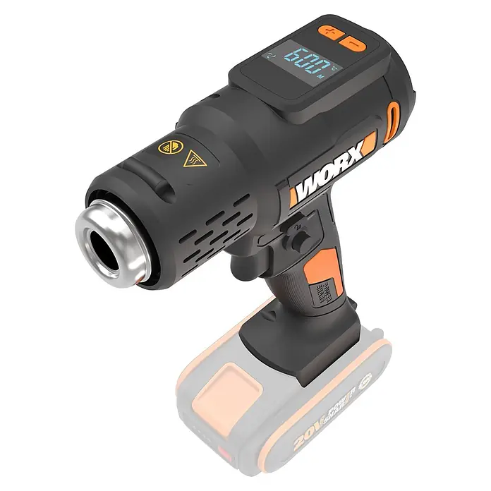 Worx PowerShare 20V Akku-Heißluftgebläse WX015.9 - 20 V, Ohne Akku, Temperaturbereich: 20 °C - 600 °C - Ein schwarz-oranges Akku-Heißluftgebläse mit Silberdüse und Digitalanzeige (600°C). Es trägt das WORX-Logo und hat einen Akku.