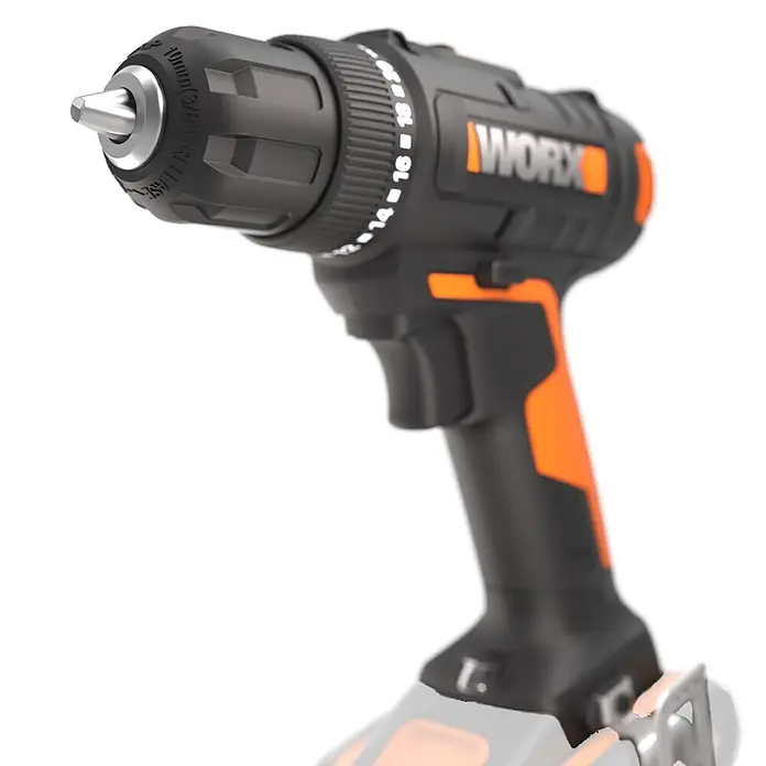 Worx PowerShare 20V Akku-Bohrschrauber 30 Nm WX100.9 - 20 V, Ohne Akku, 30 Nm - Schwarze und orangefarbene Akkubohrmaschine mit sichtbarem Bohrfutter und Drehmomenteinstellungen, mit WORX-Logo.