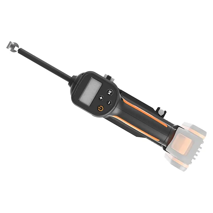 Worx PowerShare 20V Akku-Luftpumpe 20V WX092.9 - 20 V, Max. Druck: 10 bar - Schwarz-oranger tragbarer Luftkompressor mit Digitalanzeige, Bedientasten und einem Schlauch mit Düse zum Aufpumpen.