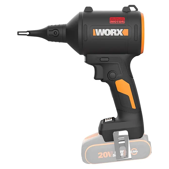 Worx PowerShare 20V Akku-Blaspistole WX099.9 - 20 V, Ohne Akku, Luftmenge: 1,1 m³/min - Schwarzer und orangefarbener Worx Akku-Gebläse mit Akku.