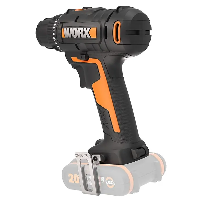 Worx PowerShare 20V Akku-Bohrschrauber 30 Nm WX100.9 - 20 V, Ohne Akku, 30 Nm - Schwarz-orangefarbener Akku-Bohrschrauber mit strukturiertem Griff, sichtbaren Drehmomenteinstellungen und Metall-Gürtelclip.