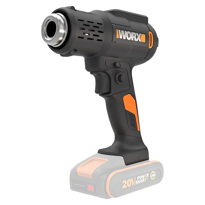 Worx PowerShare 20V Akku-Heißluftgebläse WX015.9 - 20 V, Ohne Akku, Temperaturbereich: 20 °C - 600 °C - Schwarz-orangefarbene WORX Akku-Heißluftpistole mit Silberdüse und einem 20V Power Share Akku.