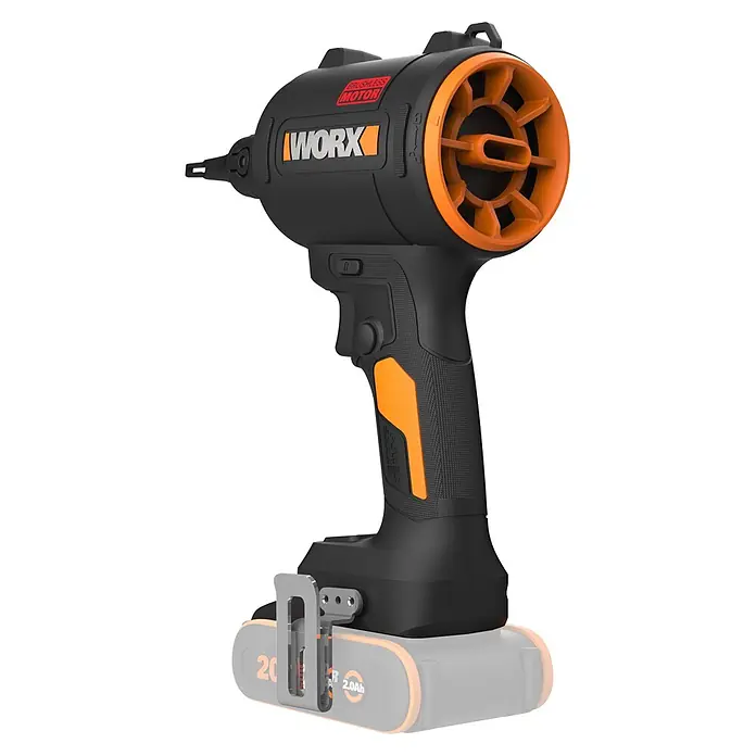 Worx PowerShare 20V Akku-Blaspistole WX099.9 - 20 V, Ohne Akku, Luftmenge: 1,1 m³/min - Kabelloser schwarz-oranger Kompressor mit "WORX"-Logo, strukturiertem Griff und sichtbarer 20V-Batterie.