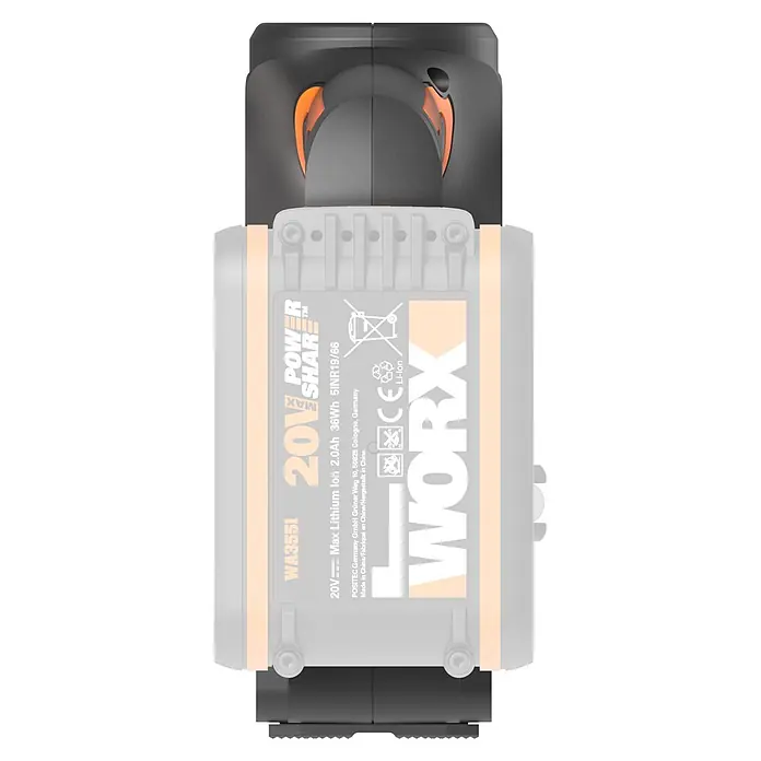 Worx PowerShare 20V Akku-Luftpumpe 20V WX092.9 - 20 V, Max. Druck: 10 bar - Dunkelgrauer und oranger Akku für Elektrowerkzeuge, Draufsicht, mit technischen Daten.