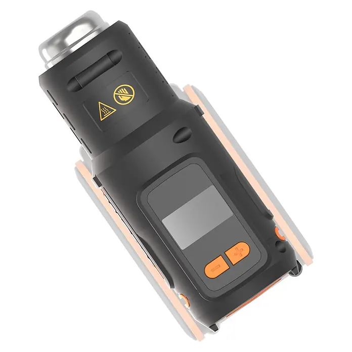 Worx PowerShare 20V Akku-Heißluftgebläse WX015.9 - 20 V, Ohne Akku, Temperaturbereich: 20 °C - 600 °C - Dunkelgraues Handheld-Elektronikgerät mit metallischem Oberteil, Display und orangefarbenen Steuertasten. Mit Warnsymbolen für heiße Oberflächen.