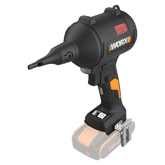 Worx PowerShare 20V Akku-Blaspistole WX099.9 - 20 V, Ohne Akku, Luftmenge: 1,1 m³/min - Kabelloses schwarz-oranges Elektrowerkzeug, wahrscheinlich eine Heißluftpistole, mit bürstenlosem Motor und Akku.