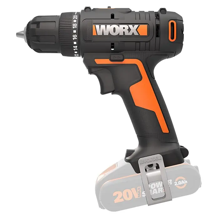 Worx PowerShare 20V Akku-Bohrschrauber 30 Nm WX100.9 - 20 V, Ohne Akku, 30 Nm - Schwarze und orangefarbene Akkubohrmaschine mit einstellbaren Einstellungen und abnehmbarem 20V-Akku.