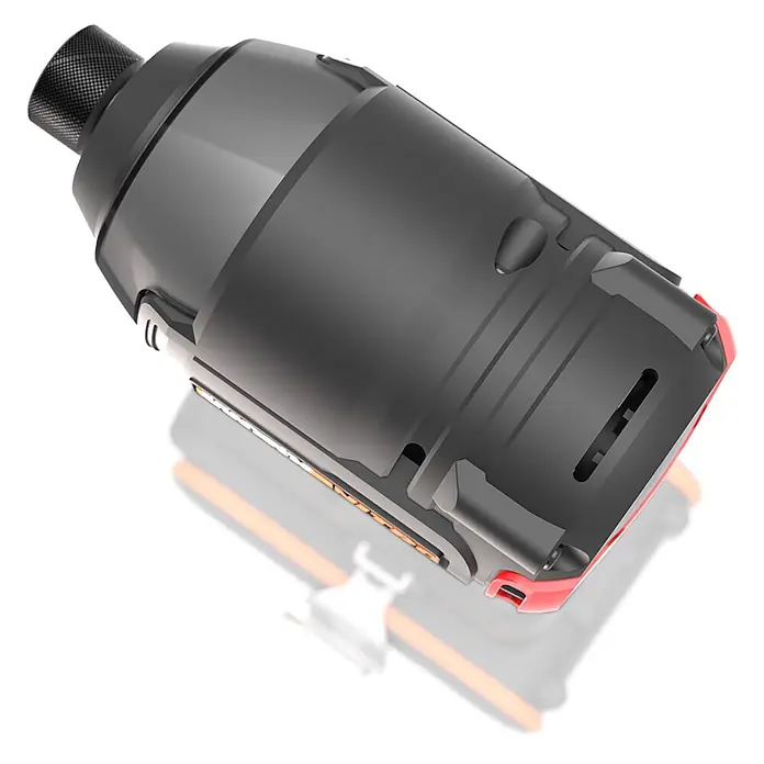 Worx PowerShare 20V Akku-Schlagschrauber WX265.9 - 20 V, Ohne Akku, 200 Nm - Dunkelgraues und rotes zylindrisches Gerät, evtl. Werkzeugaufsatz, mit strukturierter schwarzer Kappe.