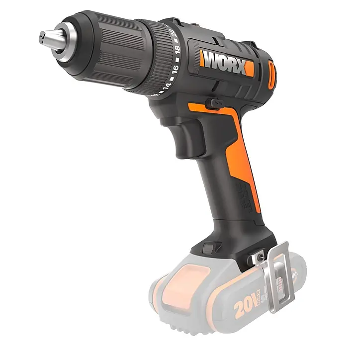 Worx PowerShare 20V Akku-Bohrschrauber WX108.9 - 20 V, Ohne Akku, 45 Nm - Ein schwarz-oranger WORX Akkuschrauber mit sichtbarem Bohrfutter, Drehmomenteinstellungen und teilweise transparentem 20V Akku.