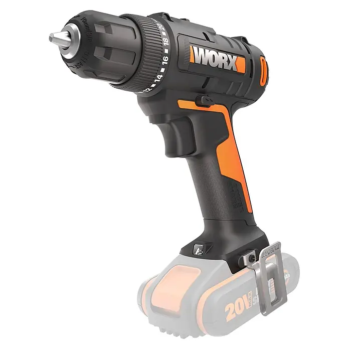 Worx PowerShare 20V Akku-Bohrschrauber 30 Nm WX100.9 - 20 V, Ohne Akku, 30 Nm - Schwarz-orangefarbener Akkubohrschrauber, ein vielseitiges Elektrowerkzeug mit verstellbarem Bohrfutter.