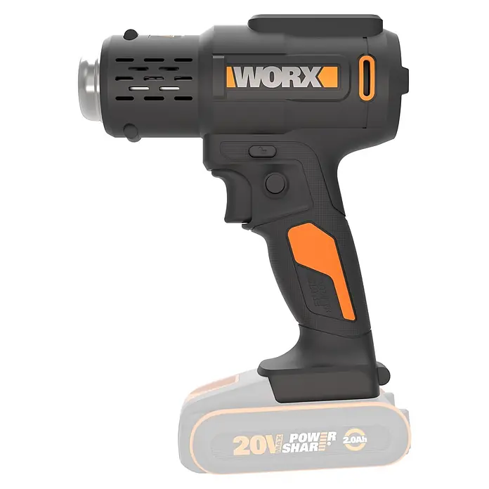 Worx PowerShare 20V Akku-Heißluftgebläse WX015.9 - 20 V, Ohne Akku, Temperaturbereich: 20 °C - 600 °C - Schwarze und orange kabellose Heißluftpistole mit silberner Düse und 'WORX POWER SHARE' Akku.