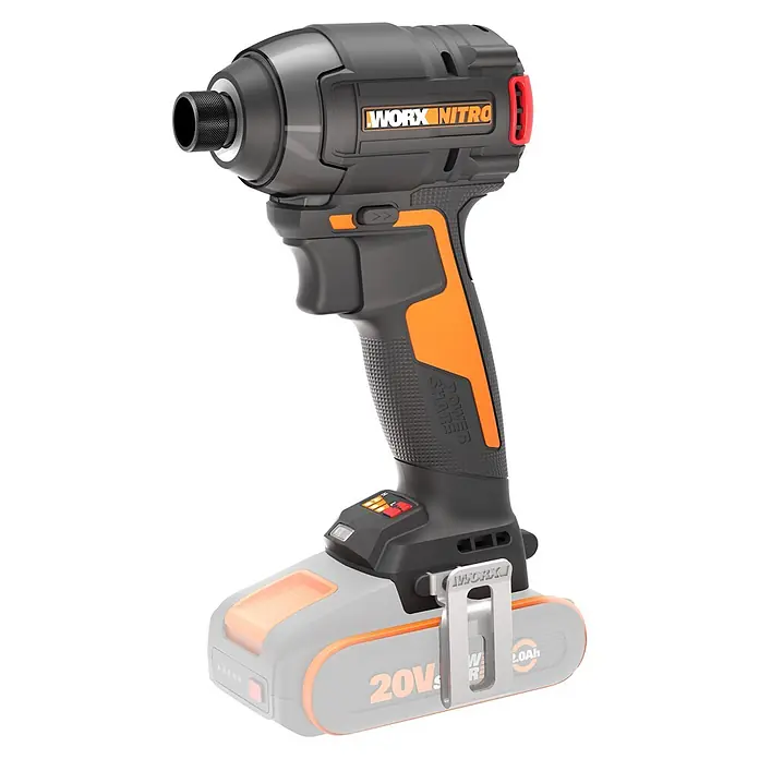 Worx PowerShare 20V Akku-Schlagschrauber WX265.9 - 20 V, Ohne Akku, 200 Nm - Schwarz-orangefarbener WORX NITRO Akku-Schlagschrauber mit teilweise transparentem Akku.
