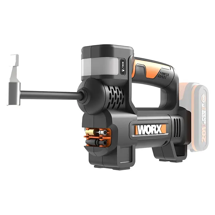 Worx PowerShare 20V Akku-Luftpumpe 20V WX092.9 - 20 V, Max. Druck: 10 bar - Ein schwarz-oranges WORX Power Share Werkzeug mit Metallaufsatz und Batterieumriss. Es verfügt über eine Leuchte und eine SOS-Taste.