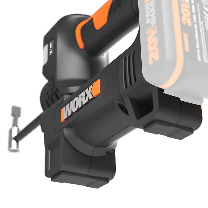 Worx PowerShare 20V Akku-Luftpumpe 20V WX092.9 - 20 V, Max. Druck: 10 bar - Schwarzes und oranges Worx Akku-Elektrowerkzeug mit prominentem Logo und abnehmbarem Zubehör.