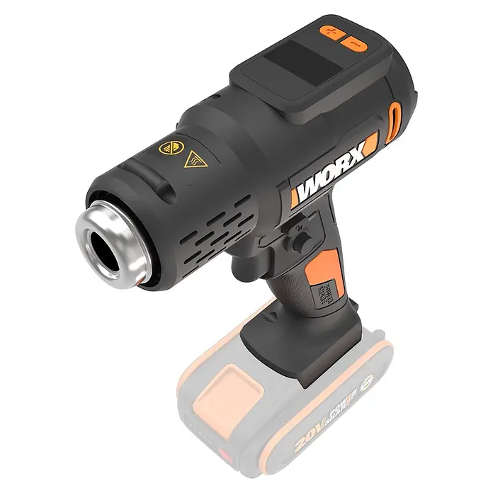Worx PowerShare 20V Akku-Heißluftgebläse WX015.9 - 20 V, Ohne Akku, Temperaturbereich: 20 °C - 600 °C - Schwarz-orange Akku-Heißluftpistole mit Metalldüse, Digitalanzeige und Bedientasten.