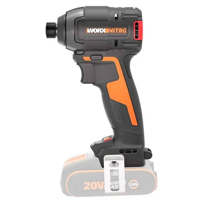 Worx PowerShare 20V Akku-Schlagschrauber WX265.9 - 20 V, Ohne Akku, 200 Nm - Dunkelgrauer und oranger Worx Nitro Schlagschrauber mit teilweise sichtbarem 20V Akku. Verfügt über strukturierten Griff, Gürtelclip und rote Akzenttasten.