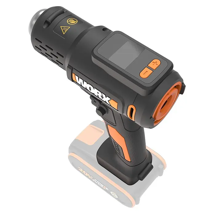 Worx PowerShare 20V Akku-Heißluftgebläse WX015.9 - 20 V, Ohne Akku, Temperaturbereich: 20 °C - 600 °C - Schwarze und orangefarbene Akku-Heißluftpistole mit Digitalanzeige, Bedientasten und ergonomischem Griff, auf dem Akku stehend.