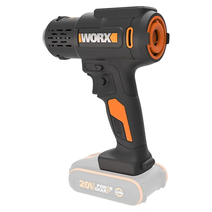 Worx PowerShare 20V Akku-Heißluftgebläse WX015.9 - 20 V, Ohne Akku, Temperaturbereich: 20 °C - 600 °C - Schwarz-orange kabellose WORX Heißluftpistole mit Akku.