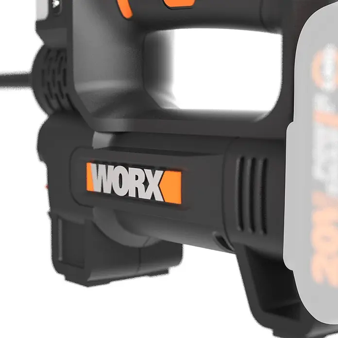 Worx PowerShare 20V Akku-Luftpumpe 20V WX092.9 - 20 V, Max. Druck: 10 bar - Nahaufnahme eines schwarzen WORX Elektrowerkzeugs mit orangefarbenen Akzenten und weißem Logo.