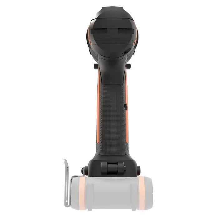Worx PowerShare 20V Akku-Bohrschrauber 30 Nm WX100.9 - 20 V, Ohne Akku, 30 Nm - Schwarzes und oranges Akku-Elektrowerkzeug (Bohrschrauber) mit strukturiertem Griff und Gürtelclip, von hinten gesehen.