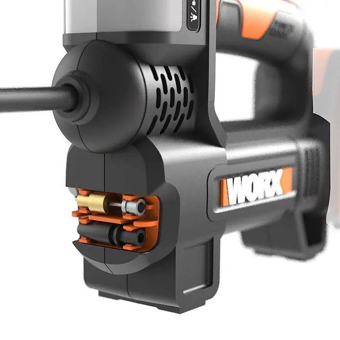 Worx PowerShare 20V Akku-Luftpumpe 20V WX092.9 - 20 V, Max. Druck: 10 bar - Nahaufnahme eines schwarz-orangen WORX-Elektrowerkzeugs mit Schnittansicht der internen Metall- und orangefarbenen Komponenten.