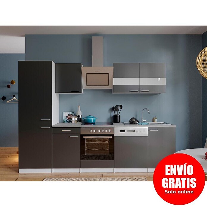 Respekta Composición de cocina (Ancho: 280 cm, Con dispositivos eléctricos, Gris)