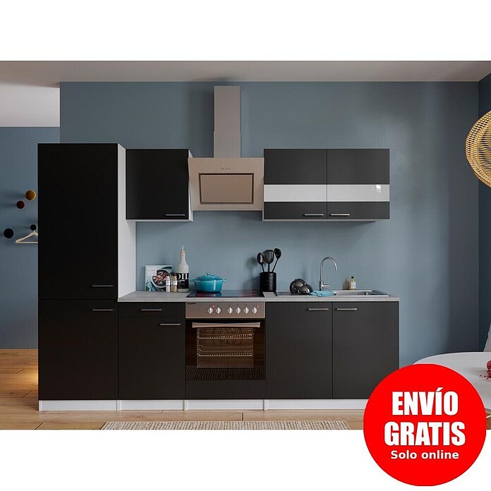 Respekta Composición de cocina (Ancho: 270 cm, Con dispositivos eléctricos, Negro)
