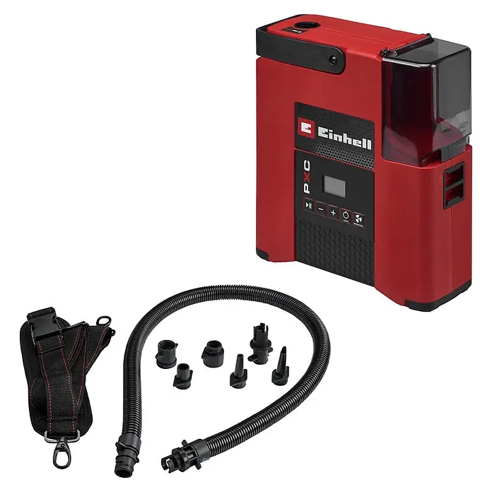 Einhell Akku-Kompressor Suppero 18/380 - 18 V, 1,38 bar - Rote und schwarze tragbare Luftpumpe mit flexiblem Schlauch, verschiedenen Düsen und Tragegurt für vielseitige Aufblasaufgaben.